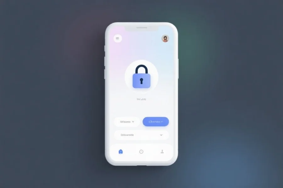 简洁现代的手机应用界面，突出安全锁图标和用户友好操作按钮，背景为淡雅渐变色