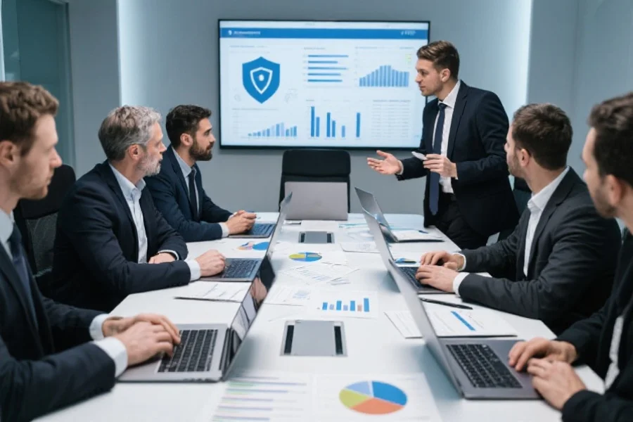 专业安全团队在会议室讨论安全审计报告，桌上摆满笔记本电脑和分析图表